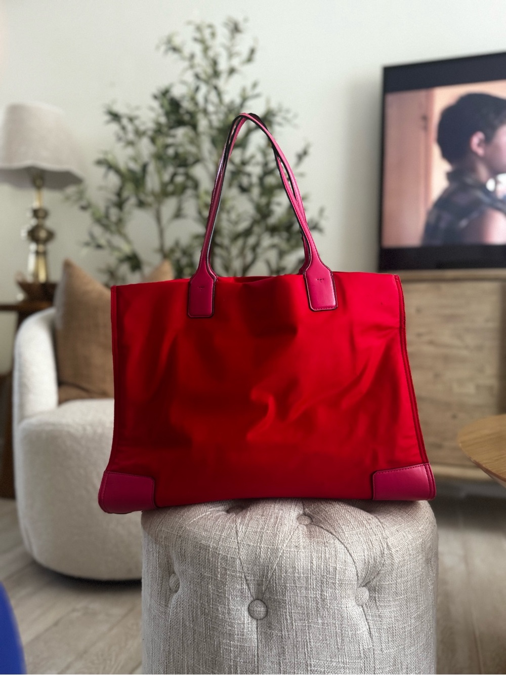 Tory Burch Bright Red Nylon Tote with Logo Medallion - Picture 5 of 15